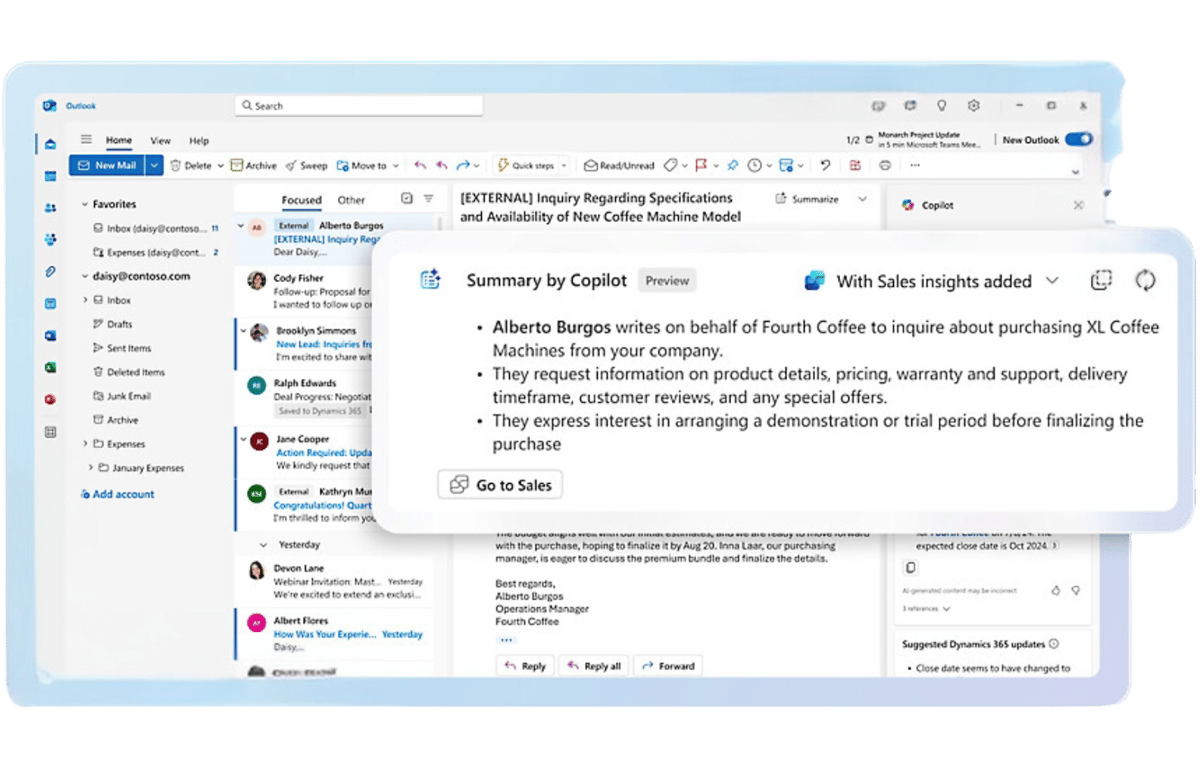 Copilot for Sales summarizing email and meeting content in Outlook