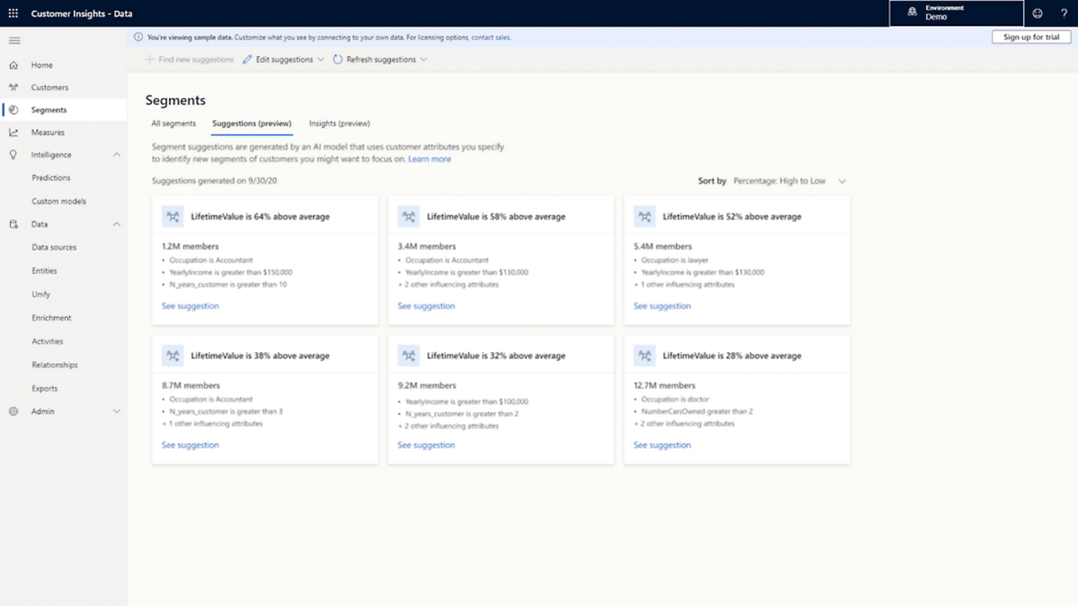 Customer Insights segment builder view