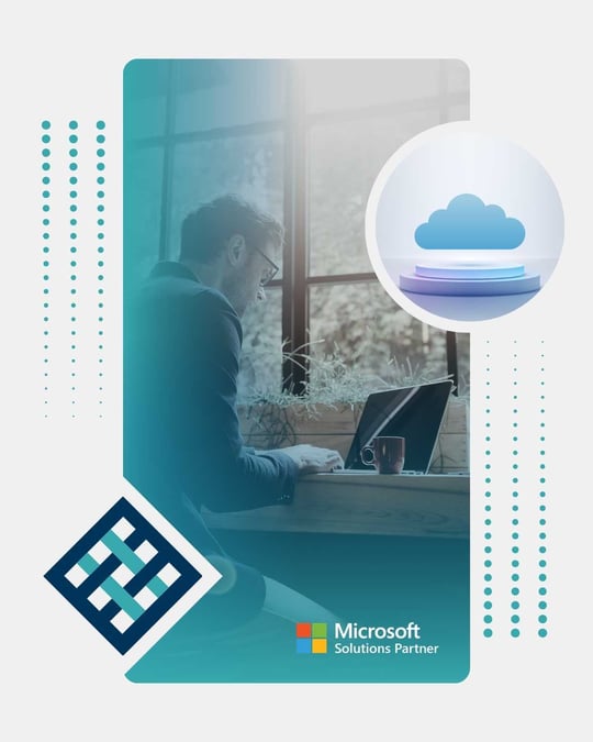 Consultant working at a laptop with a cloud connectivity graphic.