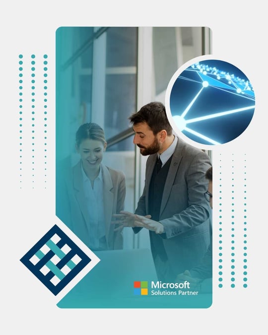 Business professionals reviewing data on a laptop with abstract network and data connection graphics representing AI-powered business insights within Microsoft solutions.