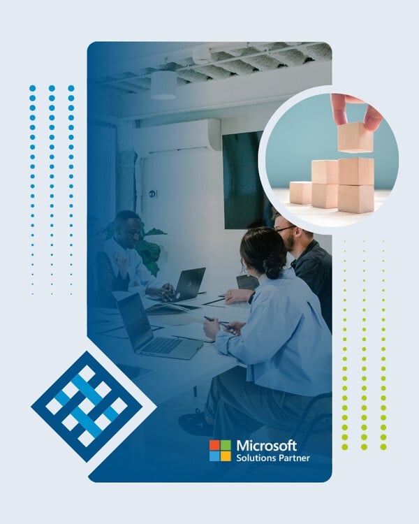 Business team collaborating in a meeting while building foundational systems and strategies.