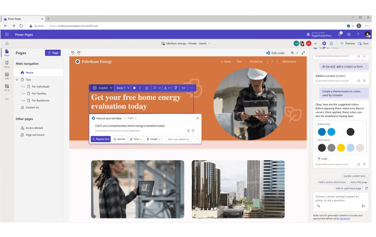 Power Pages site building with Copilot AI