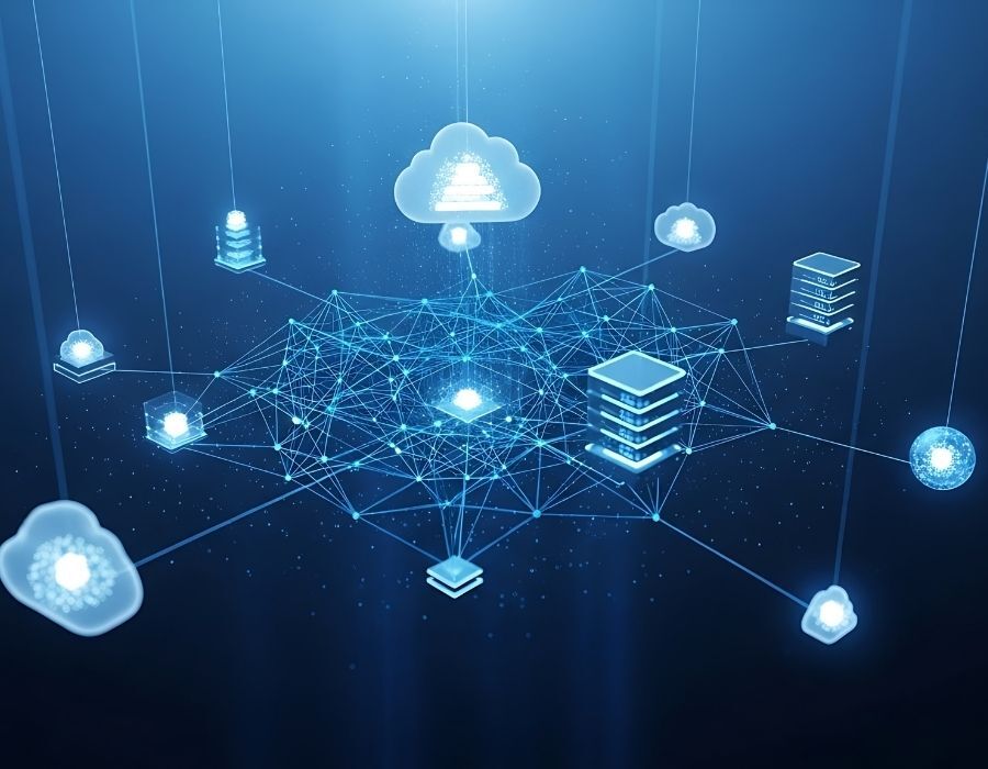 Abstract visualization of connected infrastructure and service data supporting field operations and asset management.