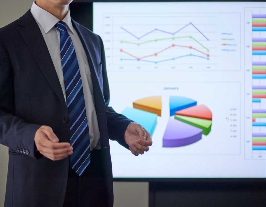 Business professional presenting financial charts and performance data on screen