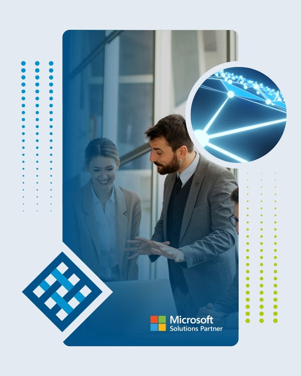 Business professionals reviewing data on a laptop with abstract network and data connection graphics representing AI-powered business insights within Microsoft solutions.