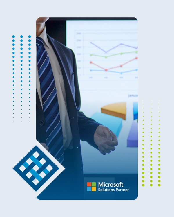 Financial services professional presenting data charts and trend analysis on a large screen, with TrellisPoint and Microsoft Solutions Partner logos