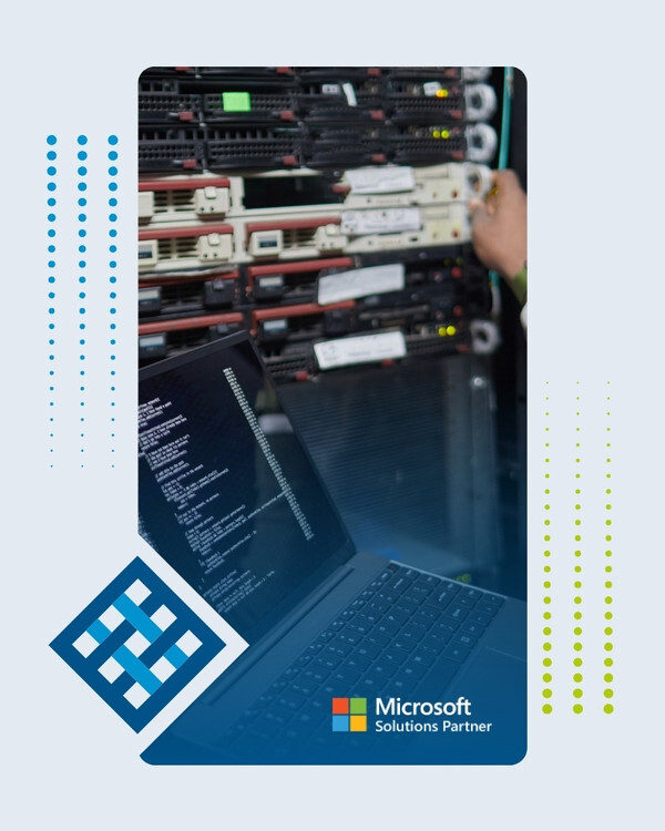 IT professional working on a laptop in front of rack-mounted servers, with TrellisPoint and Microsoft Solutions Partner logos