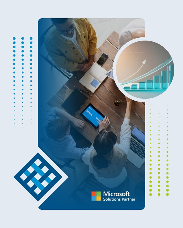 Business team reviewing sales performance data and growth metrics using Microsoft business solutions.