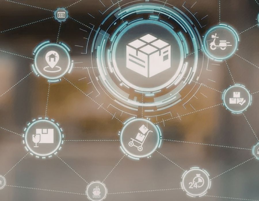 Digital illustration of a supply chain network with icons representing shipping, delivery, warehouses, and logistics operations.